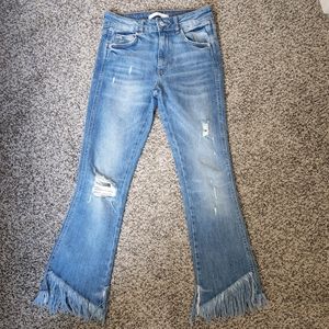 Zara Trafaluc Distressed Flare Frayed Hem Crop Jeans